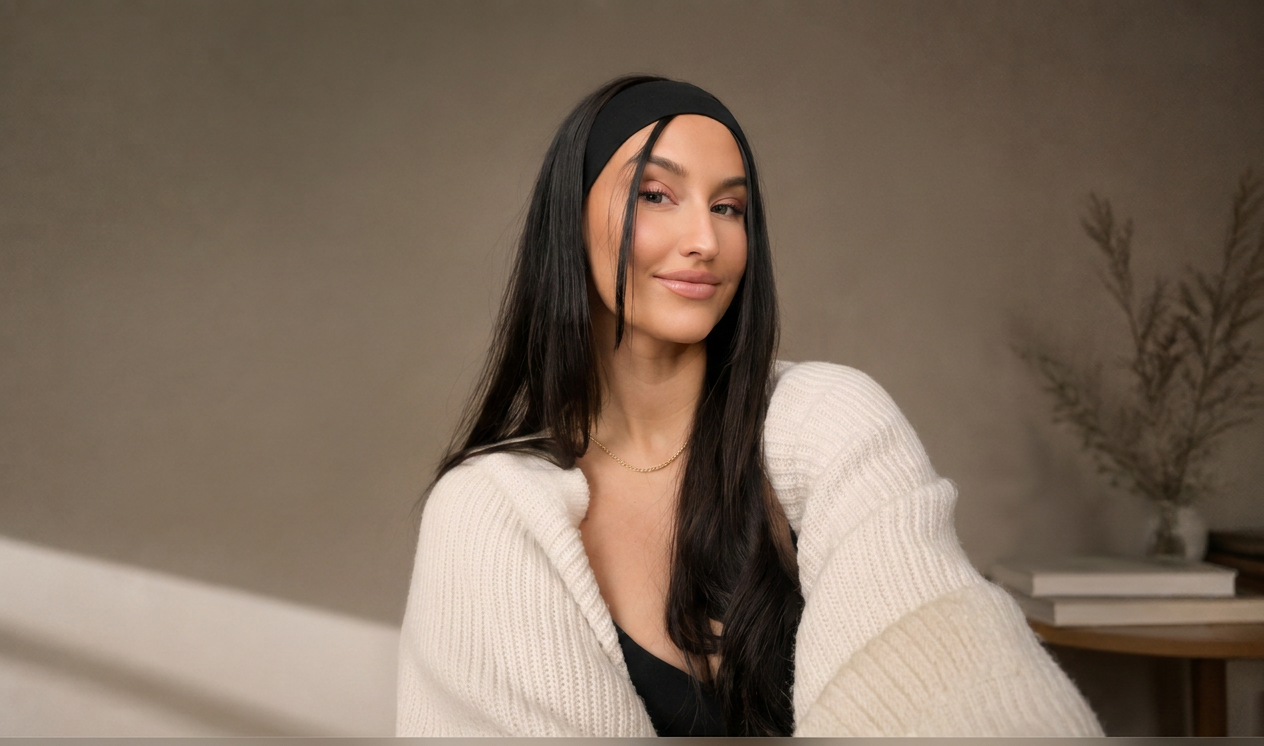 Woman in a cream knit cardigan, warm editorial portrait